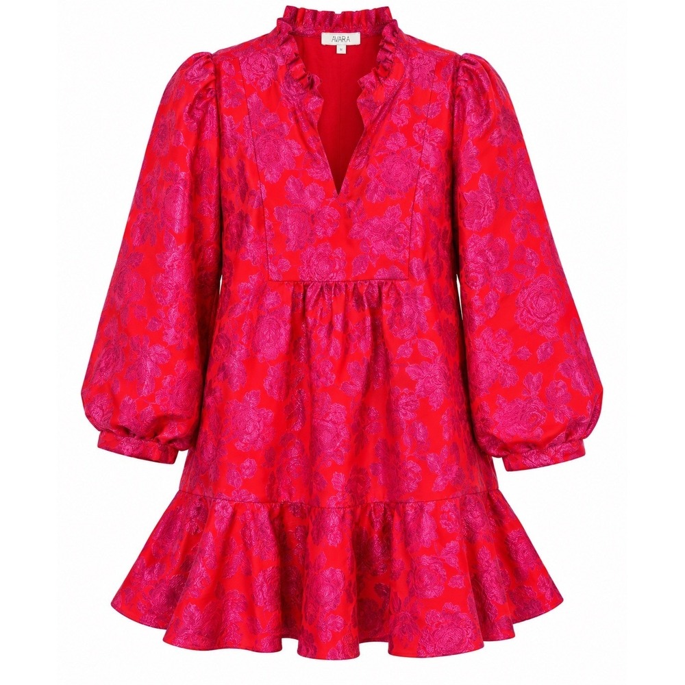 NWOT Avara Viviana Jacquard Mini Dress Red Pink Floral Satin Puff Sleeve XS